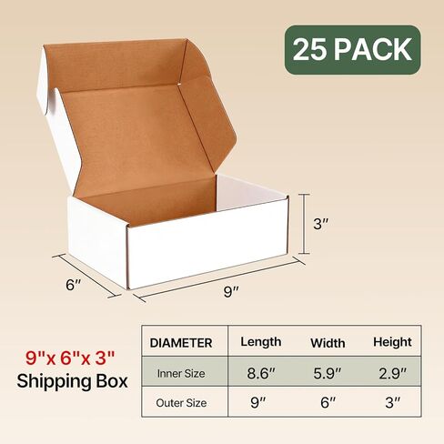 صناديق شحن مقاس 9 × 6 × 3 بوصة مكونة من 25 حزمة، صناديق من الورق المقوى المموج للبريد الأبيض صناديق تعبئة تجارية لتخزين الكتب والهدايا الحرفية in Kuwait