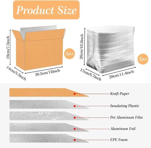 2 Pack Thermal Insulated Shipping Boxes with Aluminum Foil Liner for Frozen Food, Cold Pack & Dry Ice Shipping, 12"x5.5"x7.5" Mailing Boxes for Moving Hot Frozen Food in Kuwait