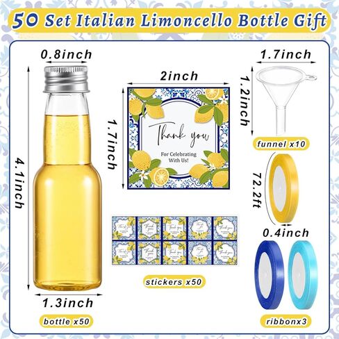 Suclain 50 Set Capri Lemon Party Favors 2 oz Mini Limoncello Bottles with Italian Lemon Sticker Blue Yellow Ribbon and Funnel for Amalfi Coast Mediterranean Wedding Bridal Baby Shower Party Decor in Saudi Arabia