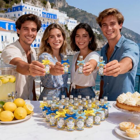 Suclain 50 Set Capri Lemon Party Favors 2 oz Mini Limoncello Bottles with Italian Lemon Sticker Blue Yellow Ribbon and Funnel for Amalfi Coast Mediterranean Wedding Bridal Baby Shower Party Decor in Saudi Arabia