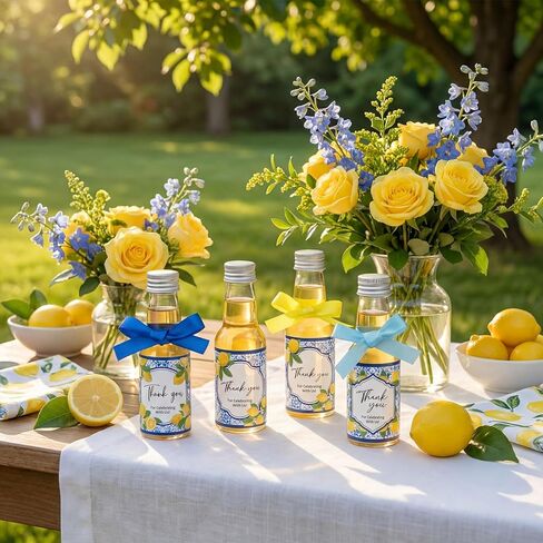 Suclain 50 Set Capri Lemon Party Favors 2 oz Mini Limoncello Bottles with Italian Lemon Sticker Blue Yellow Ribbon and Funnel for Amalfi Coast Mediterranean Wedding Bridal Baby Shower Party Decor in Saudi Arabia