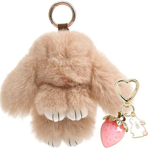 Plush Keychain Bunny Cute Rabbit Fur Keychains Stuffed Key Chain Strawberry Bag Handbag Charms 2PCS in Saudi Arabia
