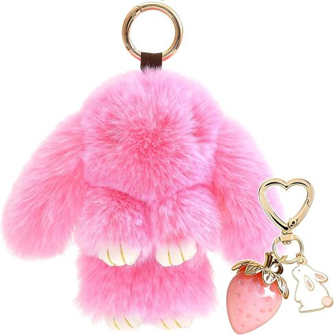 Plush Keychain Bunny Cute Rabbit Fur Keychains Stuffed Key Chain Strawberry Bag Handbag Charms 2PCS in Saudi Arabia