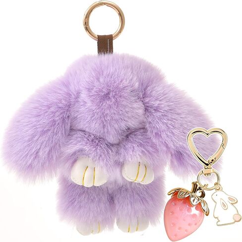 Plush Keychain Bunny Cute Rabbit Fur Keychains Stuffed Key Chain Strawberry Bag Handbag Charms 2PCS in Saudi Arabia