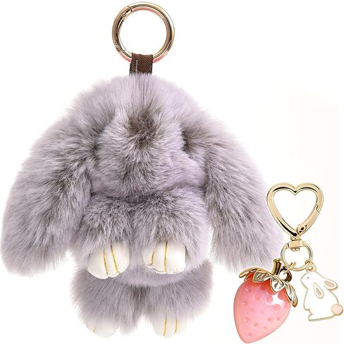 Plush Keychain Bunny Cute Rabbit Fur Keychains Stuffed Key Chain Strawberry Bag Handbag Charms 2PCS in Saudi Arabia