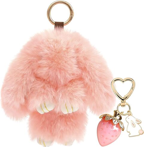 Plush Keychain Bunny Cute Rabbit Fur Keychains Stuffed Key Chain Strawberry Bag Handbag Charms 2PCS in Saudi Arabia