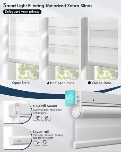 No Drill Motorized Zebra Blinds with Remote,Cordless Shades Dual Layer,Thermal Insulated Upgraded Shades(White,45.5" W x 72" H) in Saudi Arabia
