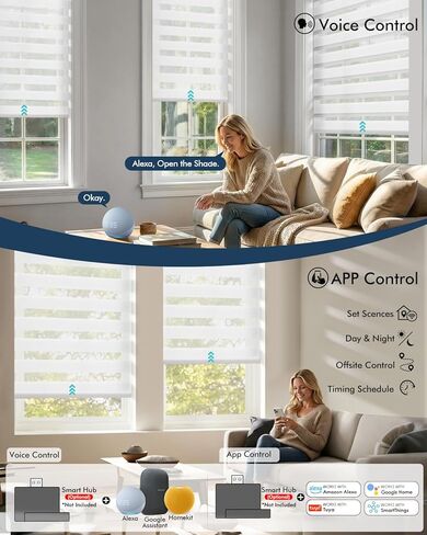 No Drill Motorized Zebra Blinds with Remote,Cordless Shades Dual Layer,Thermal Insulated Upgraded Shades(White,45.5" W x 72" H) in Saudi Arabia