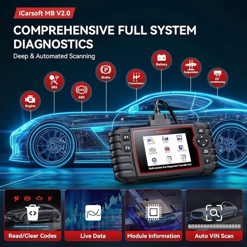 أداة تشخيص الماسح الضوئي iCarsoft MB V2.0 Obd2 لبنز/Sprinter/Smart، قارئ رمز النظام الكامل مع 8 عمليات إعادة ضبط، VIN تلقائي، زيت/SAS/EPB/ETC/BLD/INJ/SAS/TPMS، تحديث مجاني، بيانات حية، اختبار البطارية in Saudi Arabia