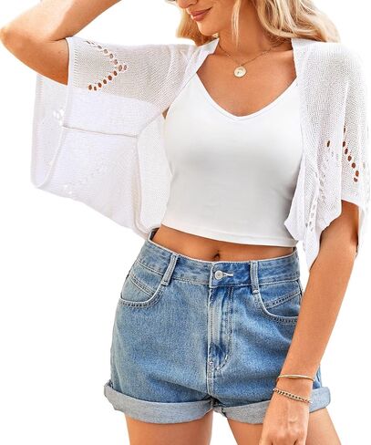 BB&KK Women's Summer Crochet Cardigans Hollow-Out Batwing Short Sleeve Lightweight Open Front Shrug Bolero Sweaters in Kuwait
