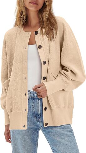 ReachMe Womens Fall Oversized Sweatshirt Cardigan Button up Lightweight Cardigan Long Sleeve Open Front Jacket with Pockets in Saudi Arabia