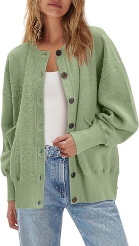 ReachMe Womens Fall Oversized Sweatshirt Cardigan Button up Lightweight Cardigan Long Sleeve Open Front Jacket with Pockets in Saudi Arabia