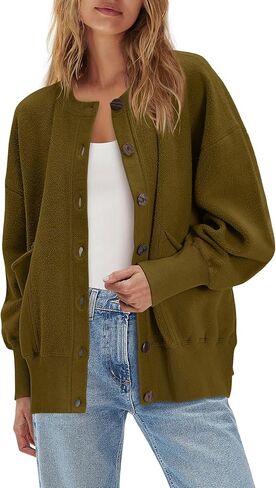ReachMe Womens Fall Oversized Sweatshirt Cardigan Button up Lightweight Cardigan Long Sleeve Open Front Jacket with Pockets in Saudi Arabia