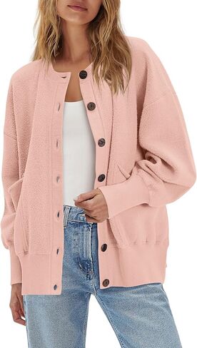 ReachMe Womens Fall Oversized Sweatshirt Cardigan Button up Lightweight Cardigan Long Sleeve Open Front Jacket with Pockets in Saudi Arabia