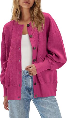 ReachMe Womens Fall Oversized Sweatshirt Cardigan Button up Lightweight Cardigan Long Sleeve Open Front Jacket with Pockets in Saudi Arabia