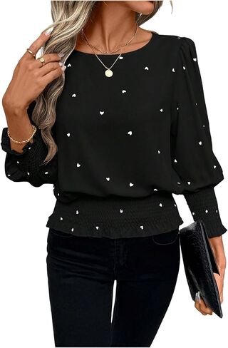 بلوزة نسائية من Verdusa برقبة دائرية وأكمام 3/4 كم مكشكشة وطبعة قلب in Kuwait