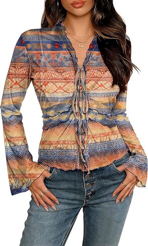 قميص نسائي صيفي من Clarisbelle بأكمام جرس وشبكة شفافة وربطة عنق أمامية على شكل حرف V Y2K in Kuwait