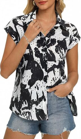 GRACE KARIN Floral Eyelet Spring Summer Tops for Women,2026 V Neck Dressy Casual Shirts,Boho Button Down Short Sleeve Blouses in Saudi Arabia