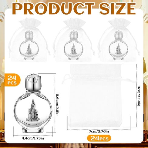 24 مجموعة من زجاجات المياه المقدسة الكاثوليكية السائبة 0.5 أونصة / 15 مل أكياس منقوشة لسيدة لورد، زجاجة مياه مقدسة فارغة لتعميد الضيوف، هدايا المناولة، زفاف الكنيسة العائلية (فضي) in Kuwait