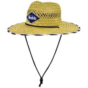 Modelo Straw Beach Hat, Natural Yellow with Navy Trim, Wide Brim Lifeguard Style, Adjustable Drawstring, Cotton Lined for Sun Protection in Saudi Arabia