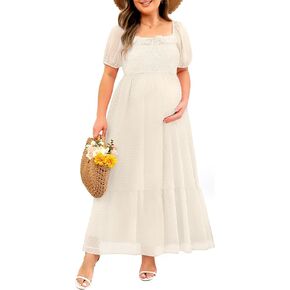 Plus Size Maternity Dress - Baby Shower Swiss Dot Smocked Square Neck Pregnancy Flowy Long Maxi Wedding Guest Dress in Saudi Arabia