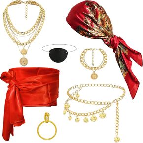 مجموعة أزياء القراصنة الرجالية للنساء مع وشاح للرأس وقلادة وحزام على شكل سلسلة وحزام لحفلات الهالوين باللون الأحمر in Kuwait