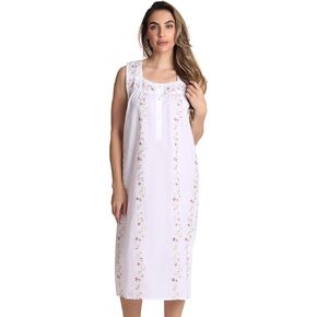 ثوب نوم نسائي بدون أكمام من Dreamcrest - فستان نوم من مزيج القطن المطرز بالورود بطول الفالس مع زر أمامي in Kuwait
