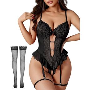 Sexy Lingerie for Women Lace Floral Teddy Bodysuit – Deep V Underwire Babydoll with Garter Belt & Ruffled Hem in Kuwait
