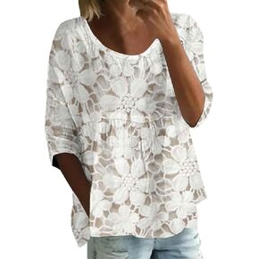 Womens Boho Tops Embroidered Gauze 3/4 Sleeve Shirts Loose Fit Lightweight Floral Blouse Spring Summer Soft Cozy Shirt in Kuwait