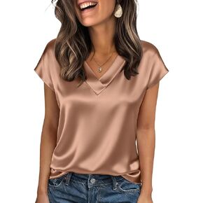 Women Silk Satin Tops Cap Short Sleeve Blouse V Neck Shirts Business OL Work Shirt Casual Going Out Outfits in Kuwait