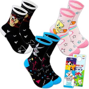 مجموعة جوارب لوني تونز - حزمة مع 3 أزواج من الجوارب بطول الطاقم تتميز بملصقات باغز باني وتويتي بيرد والمزيد من الملصقات | ملابس لوني تونز للنساء in Kuwait