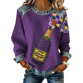 Mardi Gras Outfit for Women Denim Patchwork Sweatshirt Carnival Pullover Long Sleeve Denim Shirt Party Tuesday Tops in Saudi Arabia