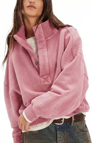 سويت شيرت Gnveub للنساء كبير الحجم برقبة هينلي وأكمام طويلة وأزرار، بلوفر علوي ملابس عصرية in Kuwait