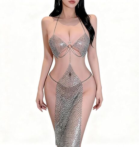 Women's Sexy Sheer Rhinestone Lingerie Dress - Sparkly Exotic Lingerie Set with Chain, Backless See-Through Nightgown, Perfect for Valentine's Day Date Night, Club, Party & Cosplay in Saudi Arabia