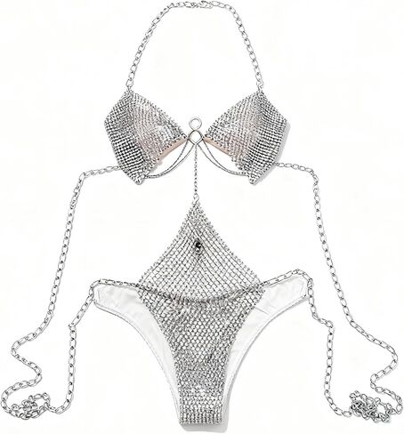 Women's Sexy Sheer Rhinestone Lingerie Dress - Sparkly Exotic Lingerie Set with Chain, Backless See-Through Nightgown, Perfect for Valentine's Day Date Night, Club, Party & Cosplay in Saudi Arabia