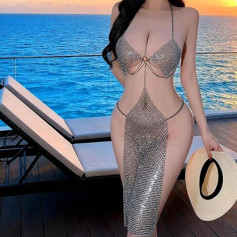 Women's Sexy Sheer Rhinestone Lingerie Dress - Sparkly Exotic Lingerie Set with Chain, Backless See-Through Nightgown, Perfect for Valentine's Day Date Night, Club, Party & Cosplay in Saudi Arabia
