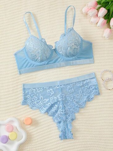 Sexy Underwire Scallop Floral Lace Mesh Sheer Lingerie Set 2 Piece in Kuwait