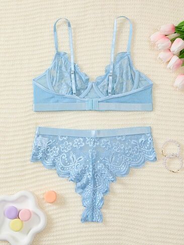 Sexy Underwire Scallop Floral Lace Mesh Sheer Lingerie Set 2 Piece in Kuwait