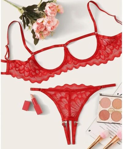 Lingerie Set 1-Pack, Lace Three-Piece Elegant Alluring Intimate Apparel (Red, Black) in Saudi Arabia