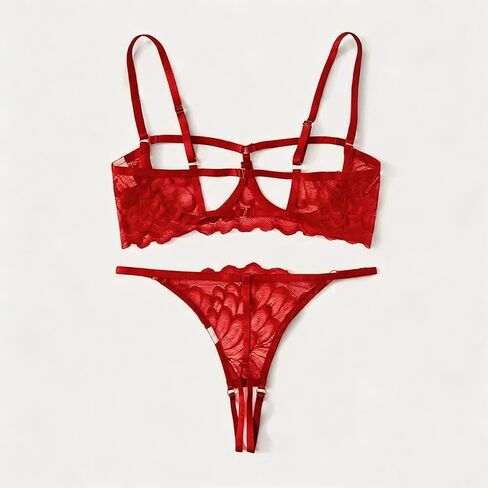Lingerie Set 1-Pack, Lace Three-Piece Elegant Alluring Intimate Apparel (Red, Black) in Saudi Arabia