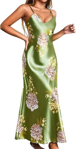 Women's Silky Satin Floral Nightgown - Spaghetti Strap Slip Slit V Neck Luxury Sexy Long Night Dress Sizes S-XL in Saudi Arabia