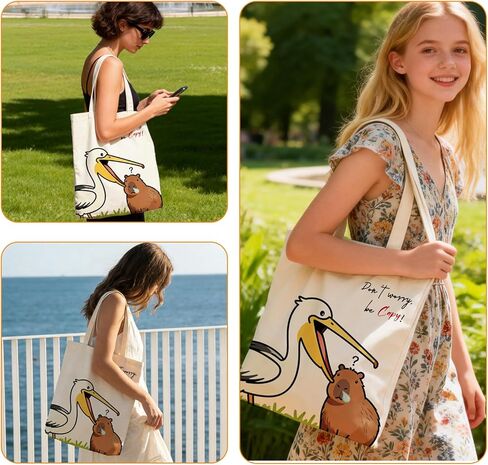 Capybara Canvas Tote Bag, Pelican & Capybara Aesthetics Canvas Tote, Funny Pun, Don't Worry, Be Capy! Double Sided Print Reusable Grocery Bag for Capybara Lovers Gifts, Capy Stuff, 15.8x 13.4 inch in Saudi Arabia