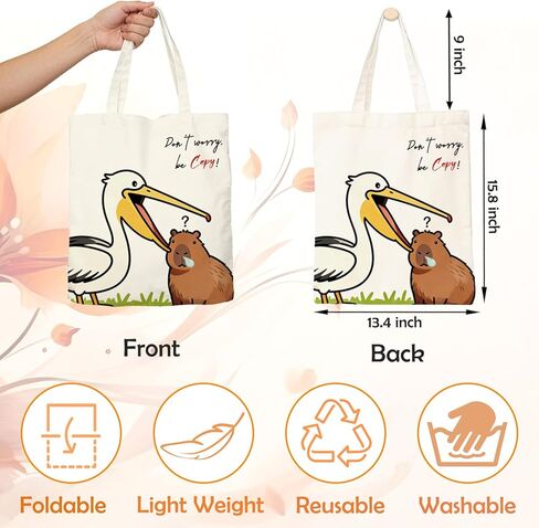 Capybara Canvas Tote Bag, Pelican & Capybara Aesthetics Canvas Tote, Funny Pun, Don't Worry, Be Capy! Double Sided Print Reusable Grocery Bag for Capybara Lovers Gifts, Capy Stuff, 15.8x 13.4 inch in Saudi Arabia