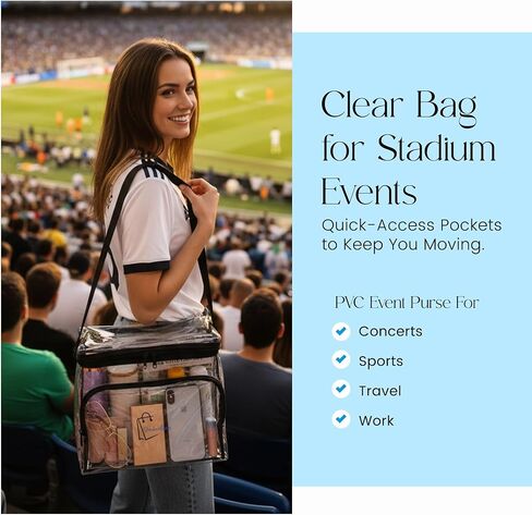 Clear Stadium-Approved Tote with Front Zipper Pocket and Adjustable Crossbody Strap for Concerts, Sports, Work, Travel in Saudi Arabia