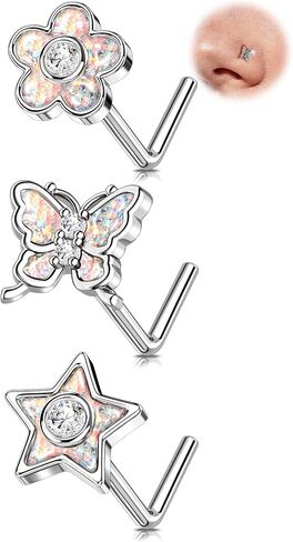 MeIighting 3PCS 20G Butterfly Nose Studs 316L Stainless Steel Flower Nose Rings L-Shaped Star Nostril Piercing 7mm Spring Body Jewelry for Women in Saudi Arabia