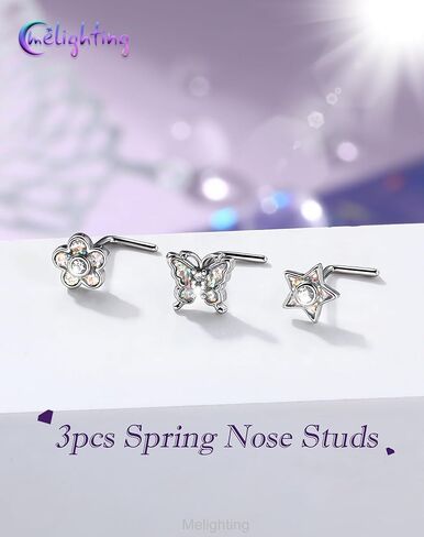 MeIighting 3PCS 20G Butterfly Nose Studs 316L Stainless Steel Flower Nose Rings L-Shaped Star Nostril Piercing 7mm Spring Body Jewelry for Women in Saudi Arabia