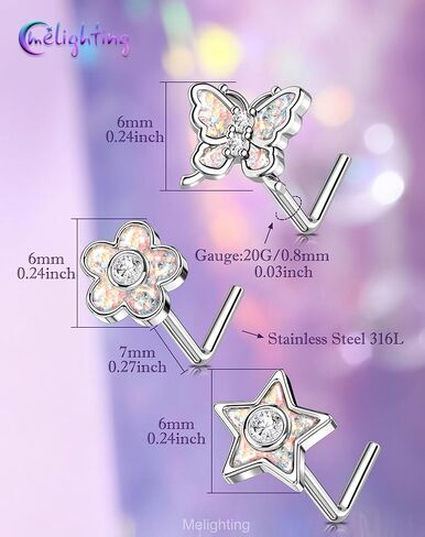 MeIighting 3PCS 20G Butterfly Nose Studs 316L Stainless Steel Flower Nose Rings L-Shaped Star Nostril Piercing 7mm Spring Body Jewelry for Women in Saudi Arabia