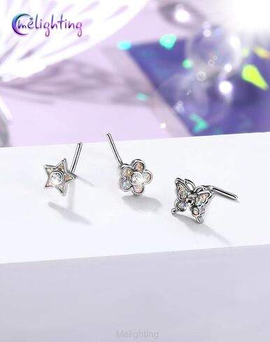 MeIighting 3PCS 20G Butterfly Nose Studs 316L Stainless Steel Flower Nose Rings L-Shaped Star Nostril Piercing 7mm Spring Body Jewelry for Women in Saudi Arabia