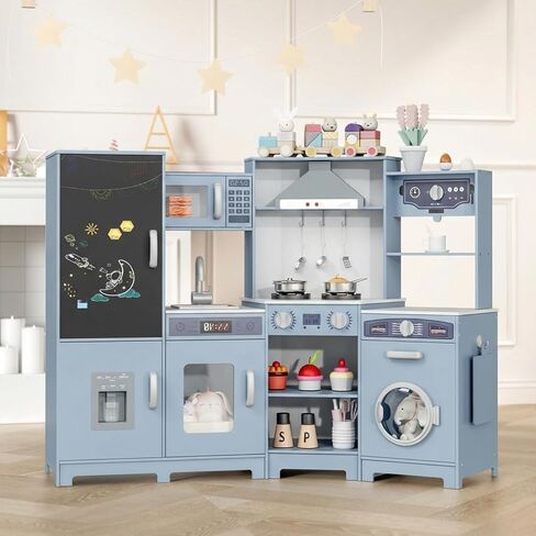 مطبخ لعب الزاوية الخشبية من MAMIZO، مجموعة ألعاب مطبخ كبيرة تفاعلية للأطفال الصغار مع سبورة وموقد وغطاء للموقد مع ضوء وصوت، صانع ثلج، غسالة، مجموعة من 6 ألعاب (وردي) in Kuwait