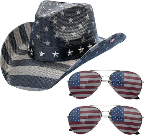 grinderPUNCH Classic USA American Flag Cowboy Hat (Grey Black & Sunglasses 2 Pack) in Saudi Arabia